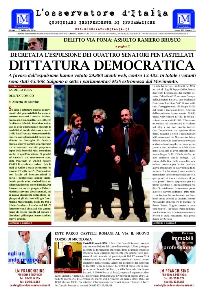 L'osservatore d'Italia edizione del 27 Febbraio 2014